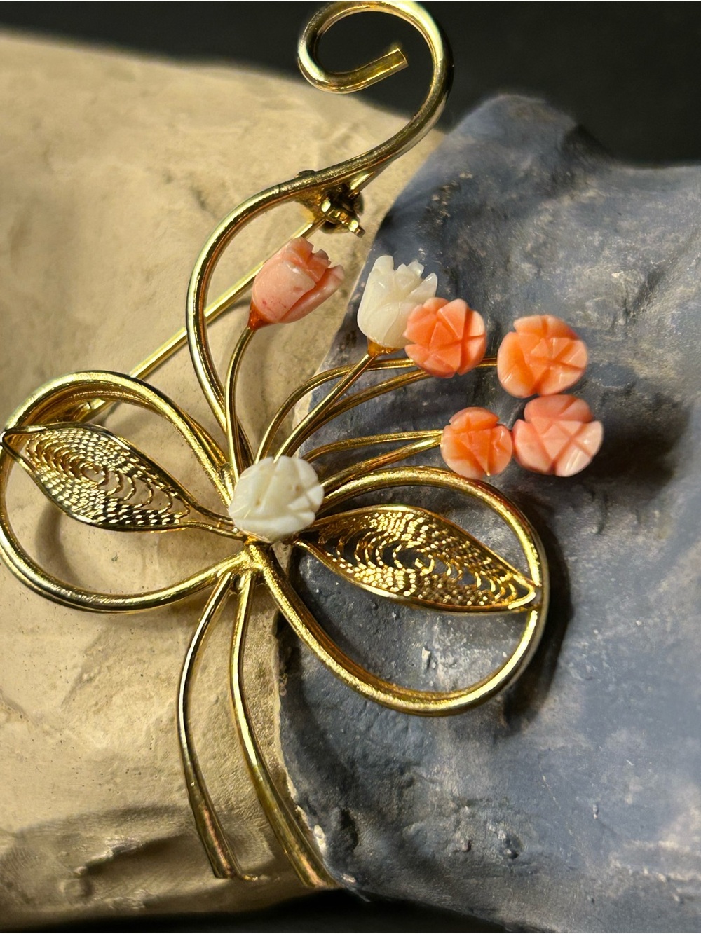 Vintage delicate Gold Floral Brooch with Carved White and Coral Flower Accents
